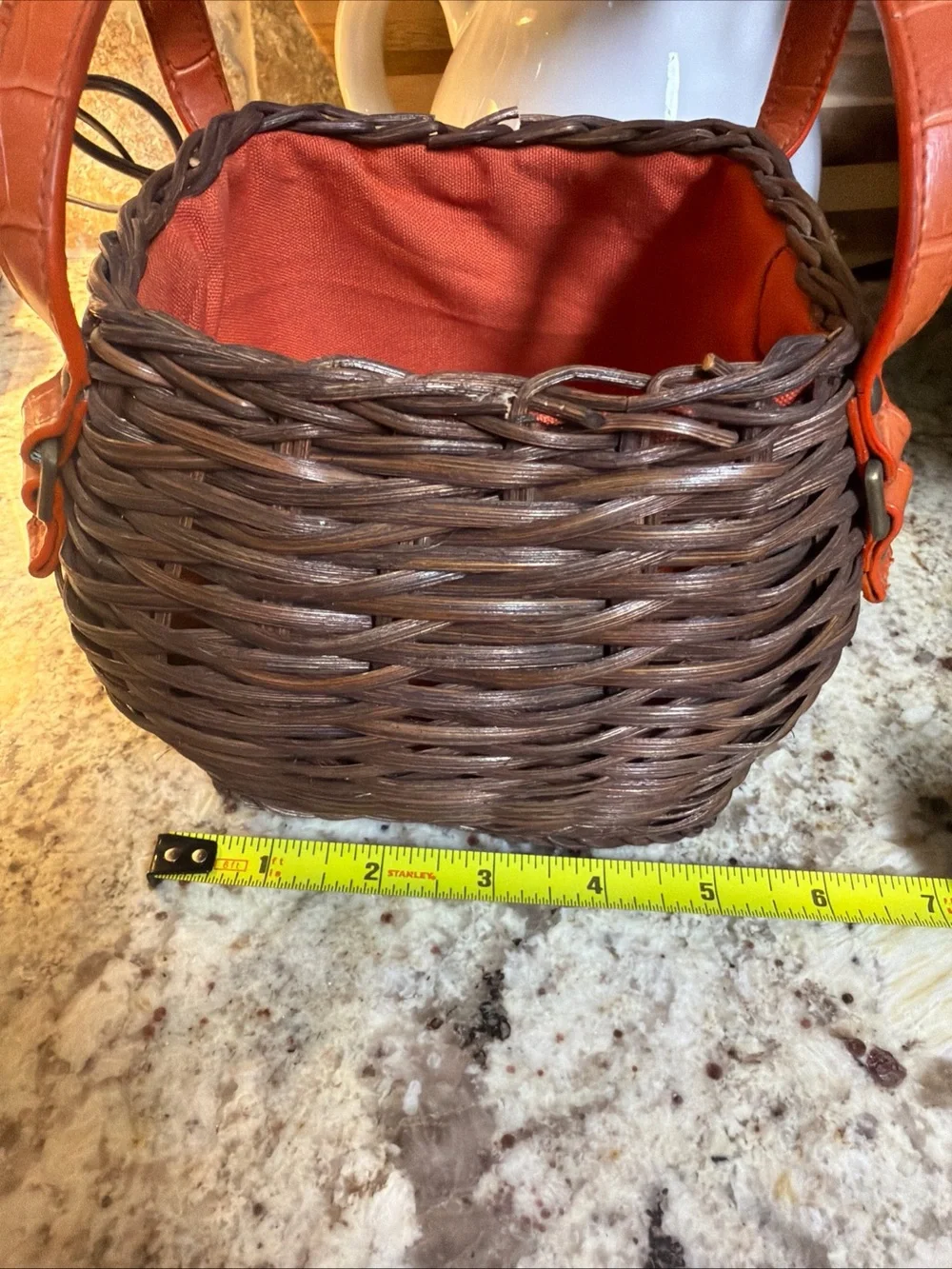 Wicker Basket Orange Cloth Lining Leather Straps Brass Hardware Small Decor